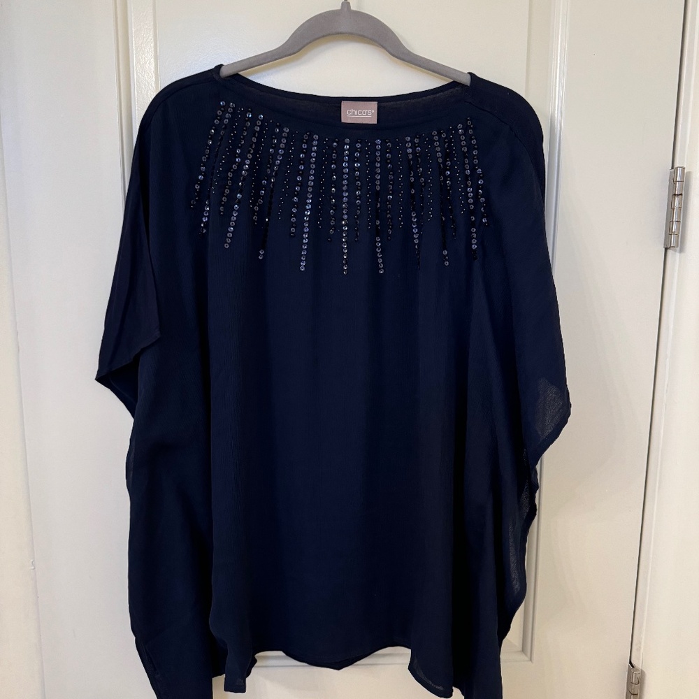 Chico’s size S/M navy blouse with rhinestone embellishments